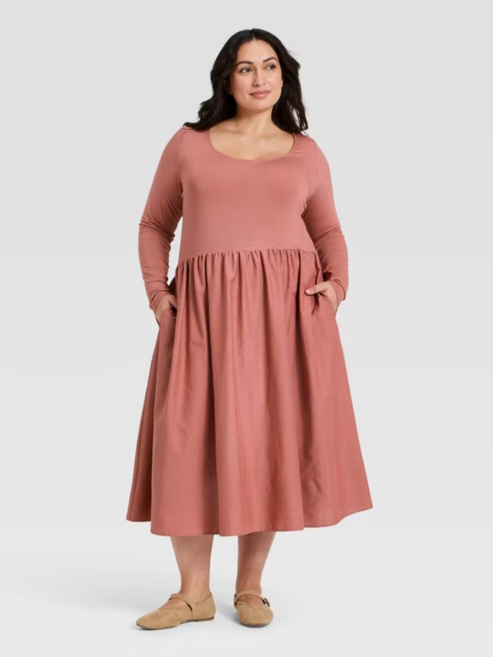 Women's Long Sleeve Knit Midi A-Line Dress - Ava & Viv Mauve 3X